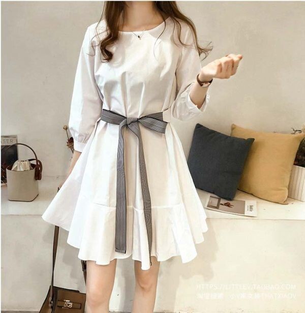 ワンピース 長袖 ミニ M 白 ゆったり ベルト フリル フレア 無地 カジュアル かわいい 新品 YLH210拍卖