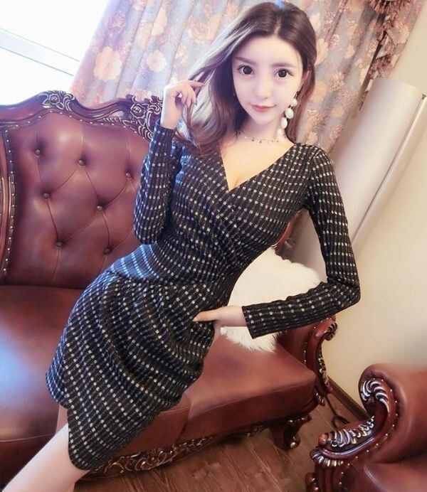 ワンピース 長袖 ミニ M 黒 チェック カシュクール タイト セクシー 新品 YLH217拍卖