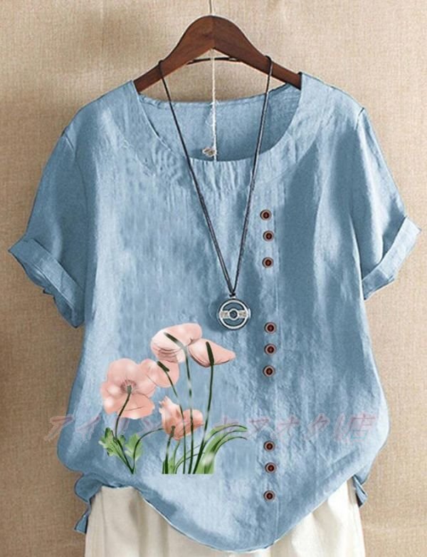 ☆新品サイズ選択可 夏 カジュアル ゆったり プリント柄 綿麻 チュニック 大きいサイズ 半袖 シャツブラウス ブルー拍卖