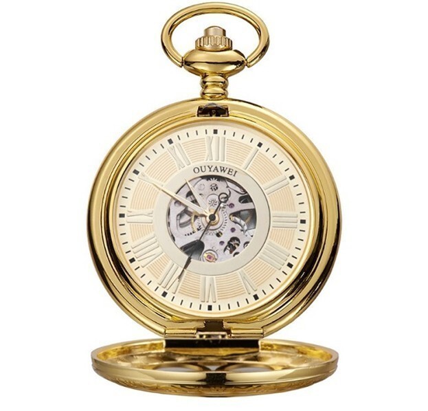 懐中時計 機械式 手巻き スケルトンデザイン ポケットウォッチ 文字盤 ビンテージ ゴールド DJ1710拍卖