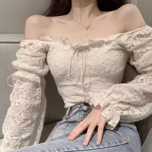 新品【魅惑Style】セクシー♪シースルー切替*ふんわり*オフショル*肩開き*総レース*トップス*シャツ*ブラウス*オフホワイトDJ816拍卖