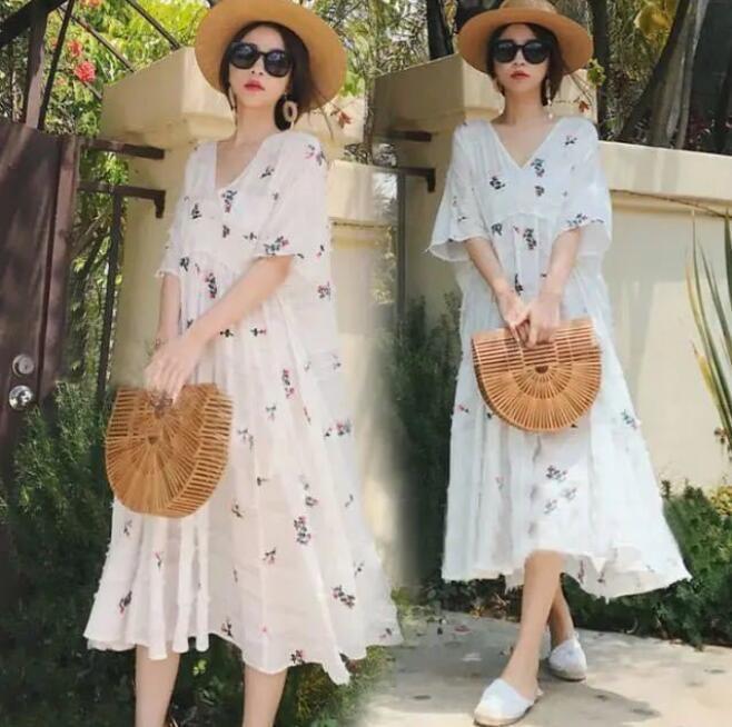 オシャレレディース ロングワンピース 綿麻 Vネック 半袖 夏 キャミソール付き 花柄YWQ540拍卖