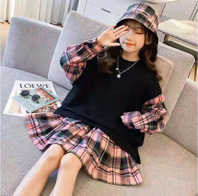 夏新作上質セットアップトップス+スカート春秋 チェック柄可愛い子供服キッズ ジュニア2点セットYWQ1730拍卖