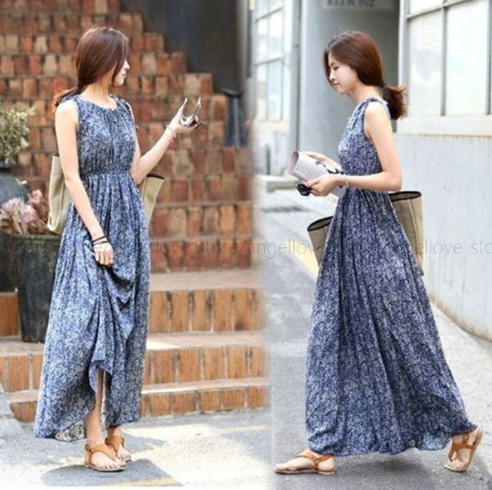 花柄 ブルー マキシ丈 リゾートワンピース ロング丈 ノースリーブ オトナ 夏物 ビーチ 海 青 かわいい おしゃれ DJ465拍卖