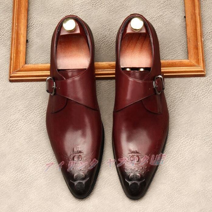 ☆新品モンクストラップ 牛革 ビジネスシューズ 本革 レザーシューズ メンズ 鰐柄 職人手作り 紳士靴 革靴 ブラック コーヒー拍卖