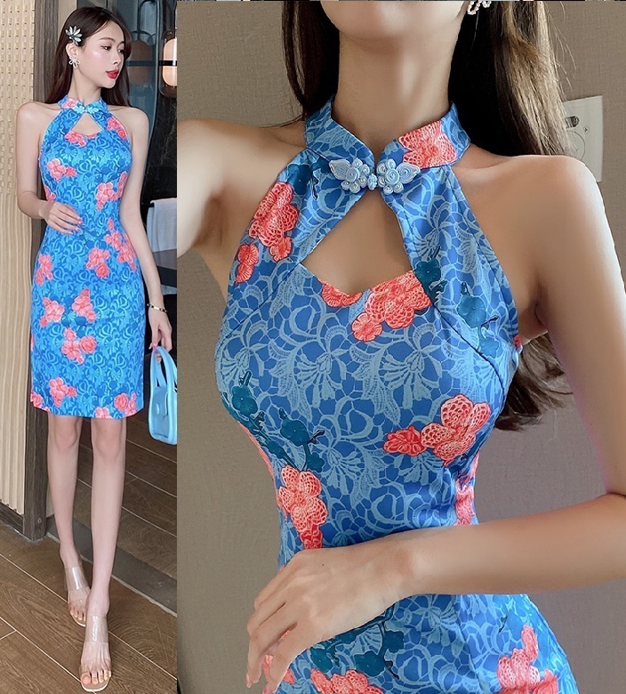 新品【魅惑Style】セクシー♪前開き*ハイネック*花柄*総柄*スリット入*ひざ丈ワンピース*伸縮性有りDJ820拍卖