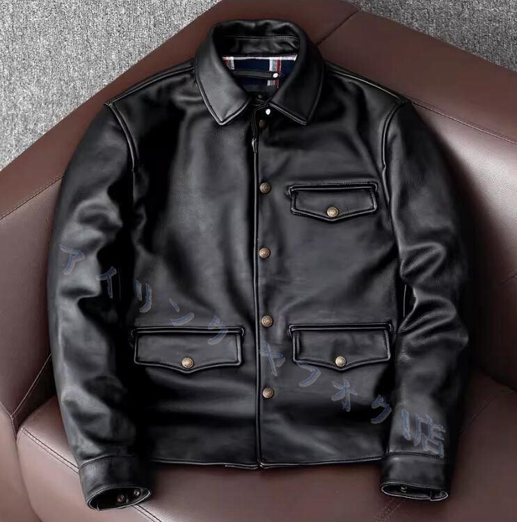 ☆新品高品質 茶芯ホースハイド 復刻50\'s ドライビングコート レザージャケット ブラック カーコート ブレーキマン イタリアンレザー 馬革拍卖