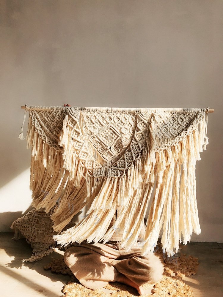 新品ボヘミア風 コットン 綿100% マクラメタペストリー タペストリー 編み タッセル 壁掛け ハンドメイド インテリア 約120cm×90cm拍卖