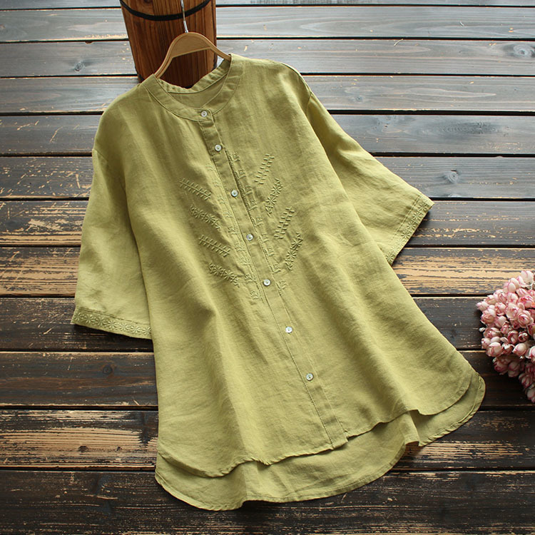 新品 夏 婦人服 半袖立襟刺繍 上着 亜麻シャツ 黄色YWQ662拍卖