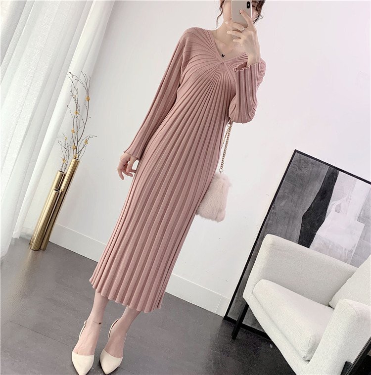 新品 Vネック 大人 ワンピース レディース ニットワンピース 秋冬 長袖リブニット ミモレワンピ 膝丈下 DYL410拍卖