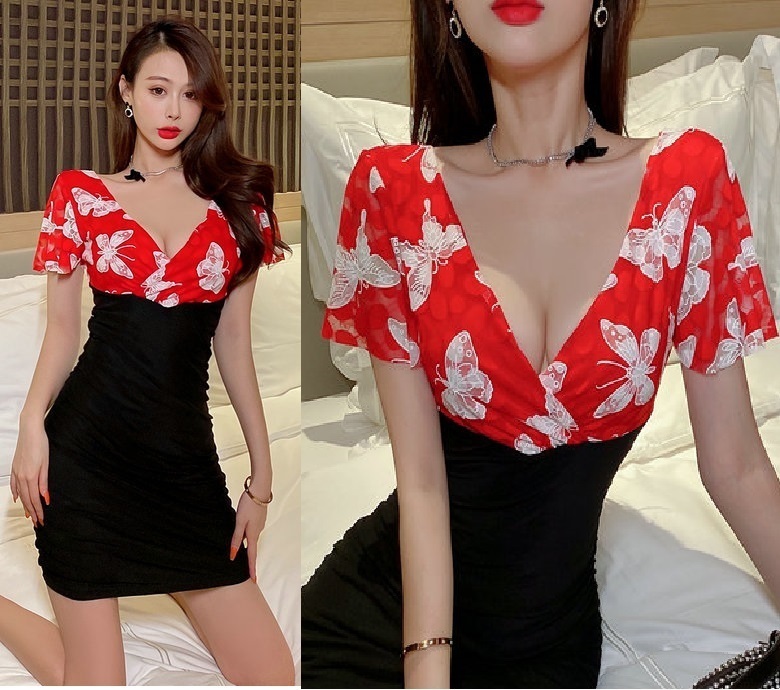 新品【魅惑Style】セクシー♪とろみ素材*バタフライ*蝶々*レース切替*Vネック*カシュクール*バイカラー*タイトワンピース*赤×白×黒DJ826拍卖