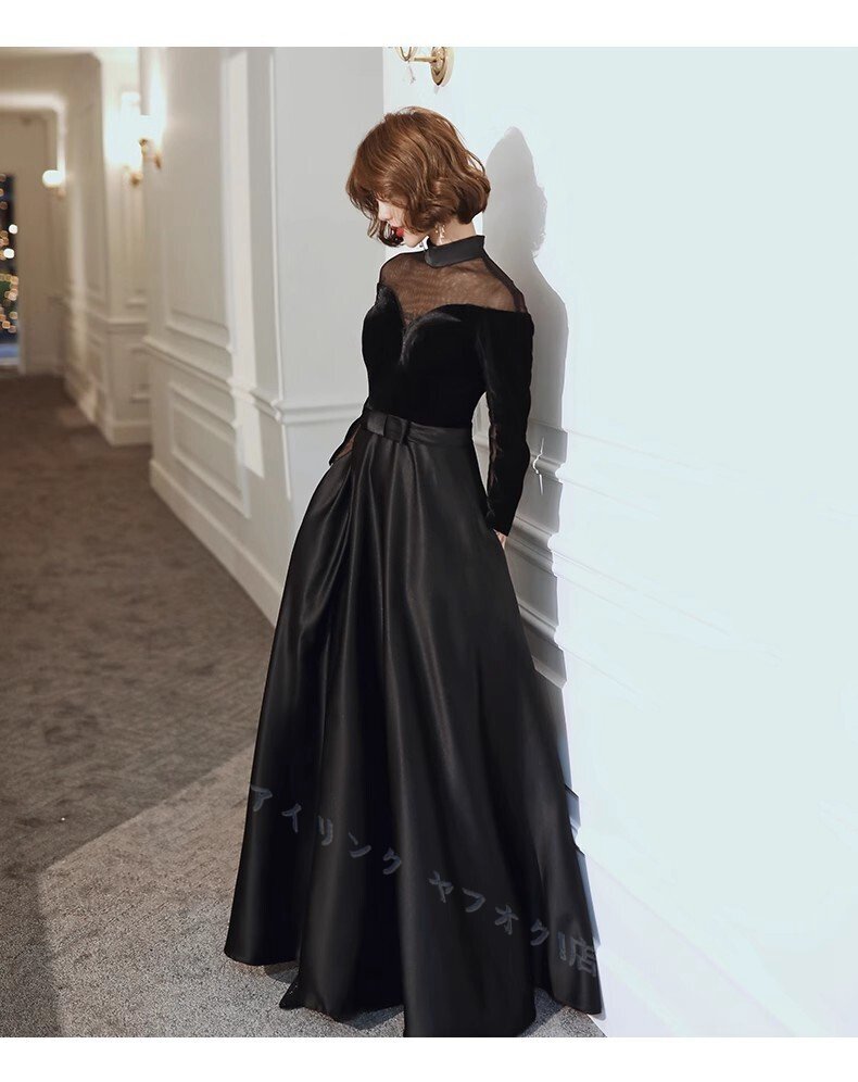 ☆新品エレガント ロングドレス パーティドレス ワンピ ナイトドレス オフショルダー 7分袖 黒 ベロア 結婚式 二次会 発表会 演奏会 撮影拍卖