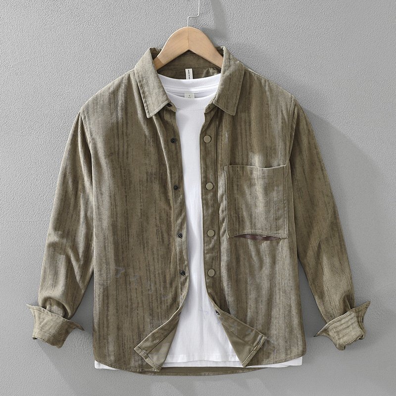 ☆新品 シャツジャケット 秋 メンズ シャツ 長袖シャツ コーデュロイ トップス カジュアルシャツ コットン 緑系 M拍卖