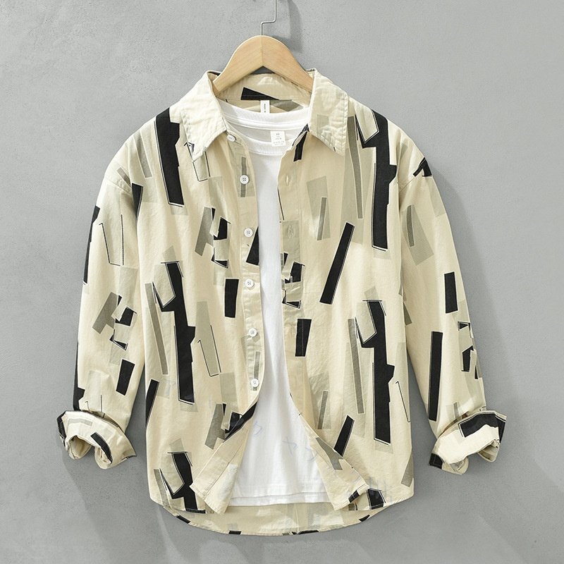 ☆新品 シャツジャケット 長袖シャツ シャツ ヴィンテージ 総柄 春秋冬 メンズ カジュアル ブラウス トップス カーキ M拍卖