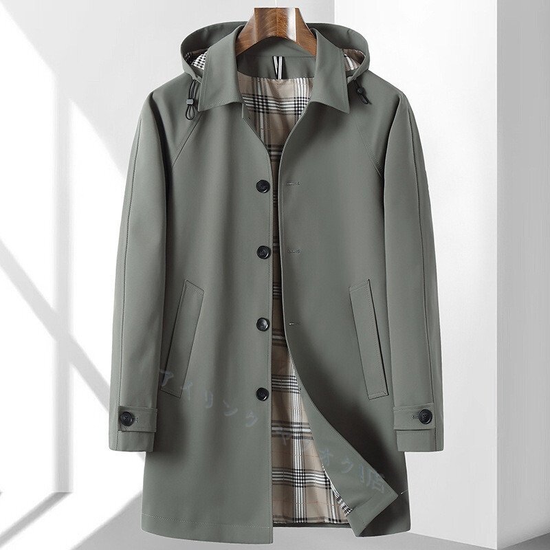 ☆新品 ウインドブレーカー ステンカラーコート フード付き チェスター メンズ スプリングコート 春秋 アウター ピーグリーン 2XL拍卖