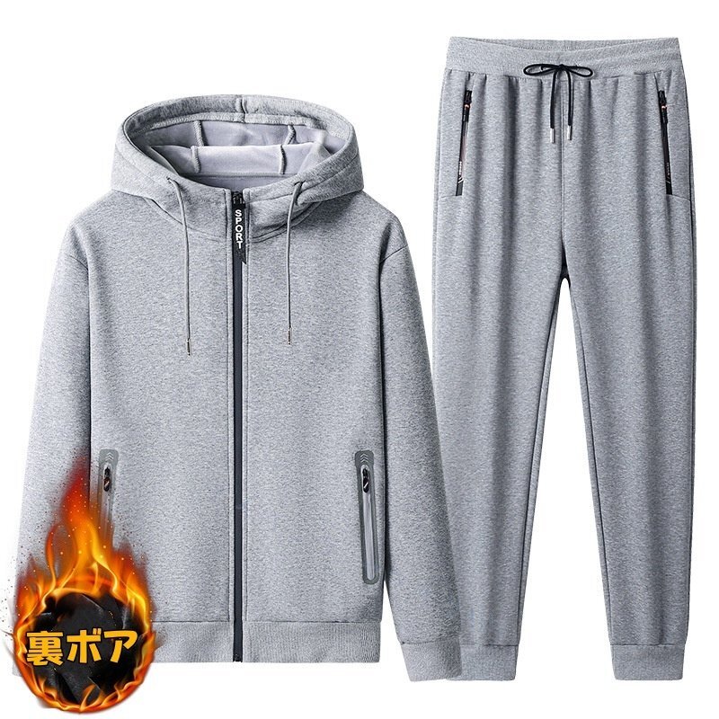 ☆新品 ジップアップ メンズ フードジャケット ジョガーパンツ 上下セット 裏ボア冬服スウェット パーカー パンツ グレー 4XL拍卖