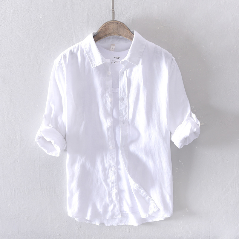 長袖シャツ メンズ 綿麻 カジュアルシャツ ボタンダウンシャツ リネンシャツ白 YWQ602拍卖