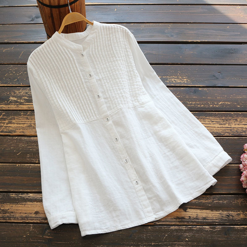 新品 春 婦人服 文芸 立襟復古綿糸 長袖シャツアンダーシャツ上着 ホワイトYWQ650拍卖