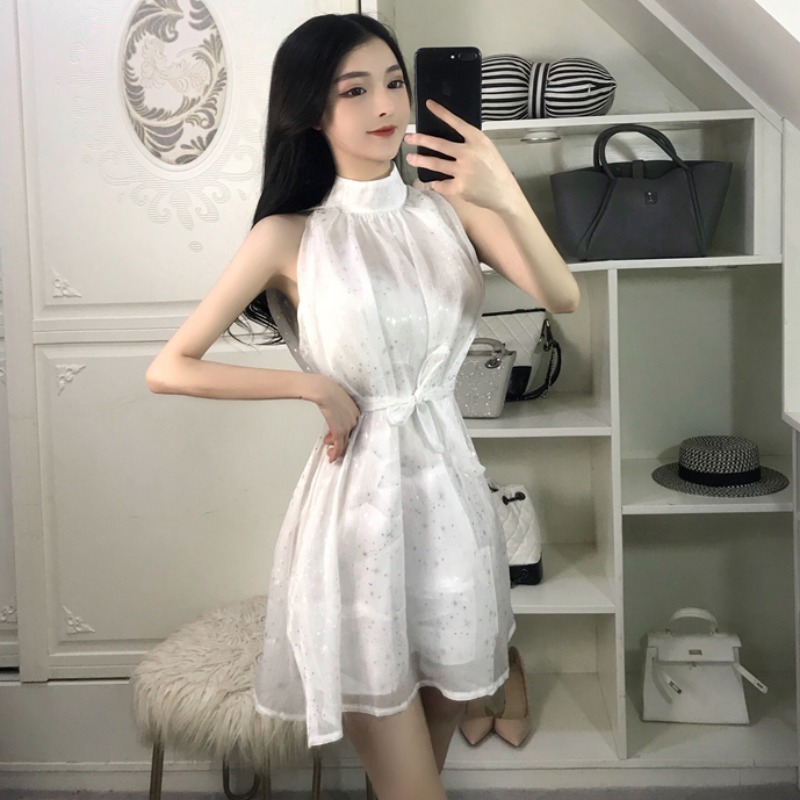 セクシー Aラインフレアワンピース リボンベルト付 ハイネック ふんわり シースルーレイヤード ホワイト YLH619拍卖