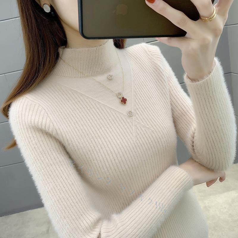 ☆新品Fサイズ 秋冬 オシャレ 立ち襟 暖かい ニットセーター 純色 ふんわり袖 20304050代 着痩せ ニットトップス拍卖