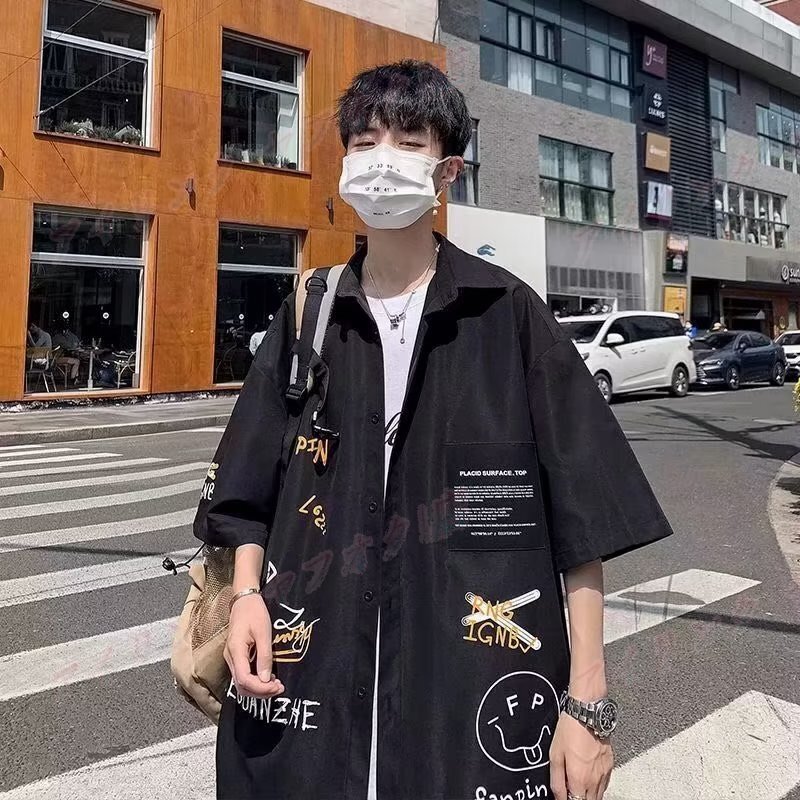 ☆新品メンズ シャツ アウター トップス ペアルック 襟付き 開襟シャツ 韓国風 半袖 夏服 ゆったり カジュアル 3色M-3XL拍卖