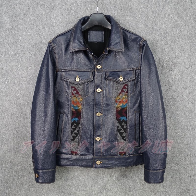 ☆新品レザージャケット 上品 ナバホ柄切り替え 本革 牛革 ライダースジャケット 革ジャン S~5XL ネイビー拍卖