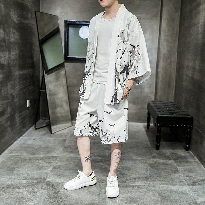 ☆新品メンズ シャツ+ハーフパンツ2点セット セットアップ 上下セット カジュアル 和装 浴衣 涼しい 部屋着 ホワイト M~5XL拍卖