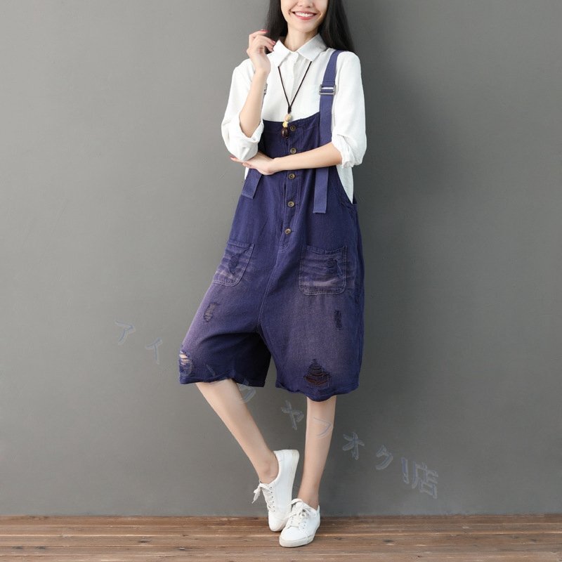 ☆新品夏 レディース オーバーオール ダメージ 涼しい綿麻 サロペット 吊りズボン ワイドパンツ オールインワン 薄手 ゆったり パープル F拍卖