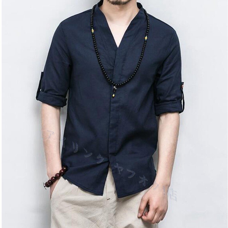 ☆新品シャツ メンズ 綿麻シャツ リネンシャツ tシャツ 白シャツ 半袖 コットン 七分丈 綿 Vネック モテシャツ カジュアル ネイビM-5XL拍卖