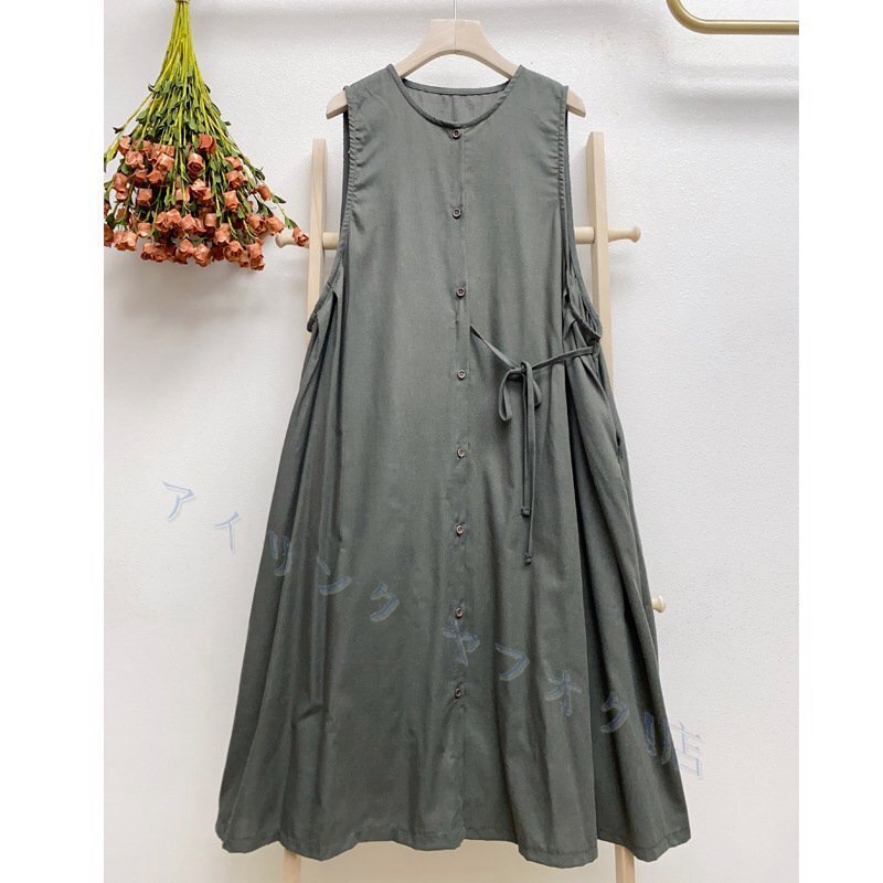 新品ノースリーブ ワンピース レディース 無地 前開き ロングワンピース マキシ ゆったり 体型カバー ナチュラル 大人かわいい グリーン拍卖