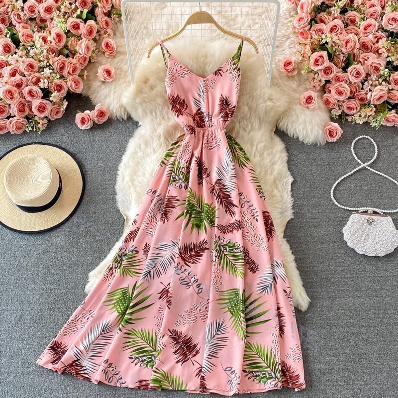 新品キャミソールワンピース ワンピース レディース ノースリーブワンピース Vネック プリント レディース 夏 ハワイアンスタイル ピンク拍卖