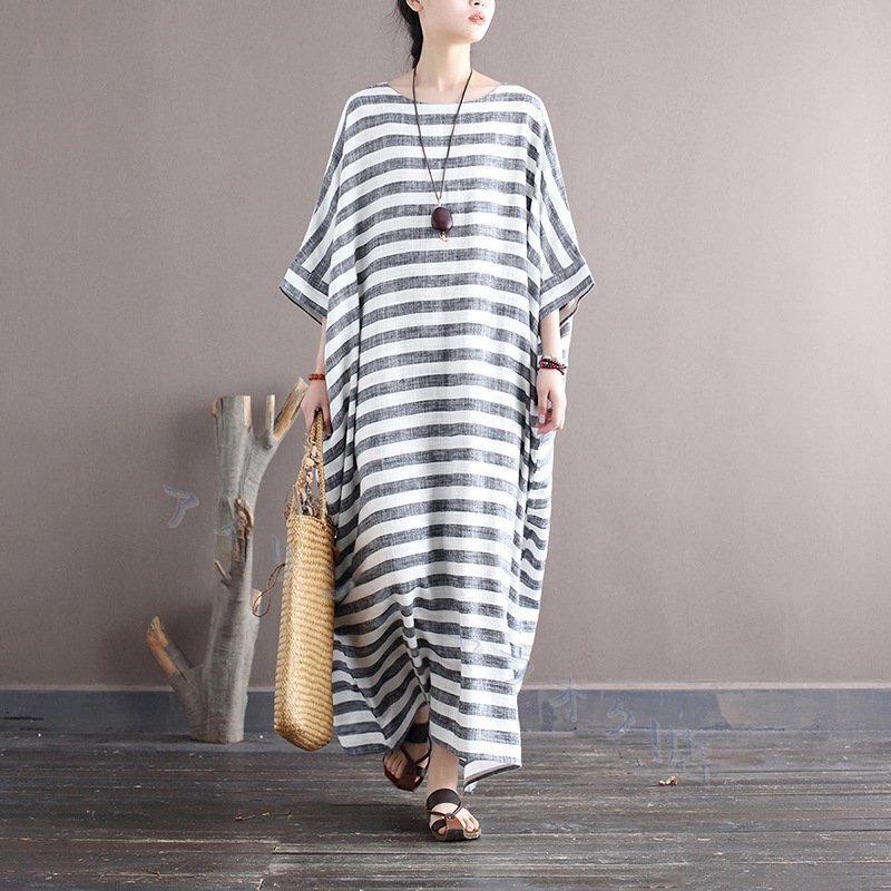 新品綿麻 マキシワンピース レディース ワンピース ストライプ 綿麻ワンピース 夏秋 薄手 ゆったり カジュアル L拍卖
