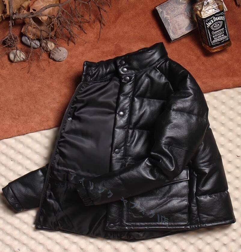 ☆新品ゆったり本革90%ホワイトダックダウンジャケット防風防寒性バッチリ/冬高級牛革レザーコートライダース黒サイズ選択可拍卖