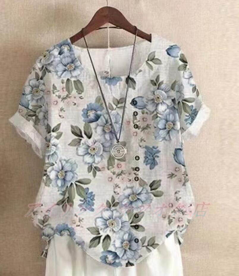 ☆新品サイズ選択可 夏 ブラウス 大きいサイズ 綿麻 カジュアル プリント柄 半袖 トップス チュニック ゆったり 6号色拍卖