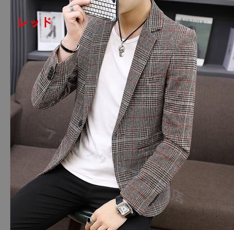 ☆新品メンズ テーラードジャケット 春秋 チェック 洋服 ビジネススーツ スーツジャケット ブレザージャケット ブルゾン アウター レッド拍卖