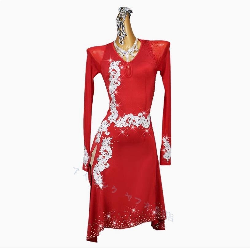 ☆新品 レディース社交ダンス衣装 試合用上品ラテンドレス モチーフライトストーン飾 お得のセット品 サイズ調整対応 赤色拍卖