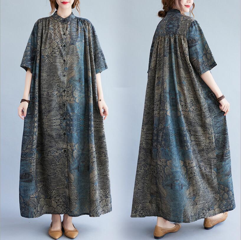 上質新作 半袖 マキシロング シャツワンピース 20~50代 オシャレ プリント柄 ゆったり 大きいサイズ 半袖 シャツワンピースYWQ1597拍卖