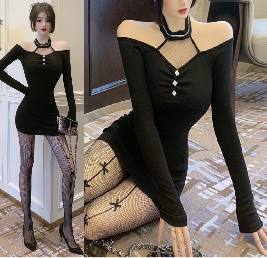 新品【魅惑Style】セクシー*ドット柄*シースルー切替*ビジュー付*オフショル*肩開き*タイトワンピース DJ891拍卖