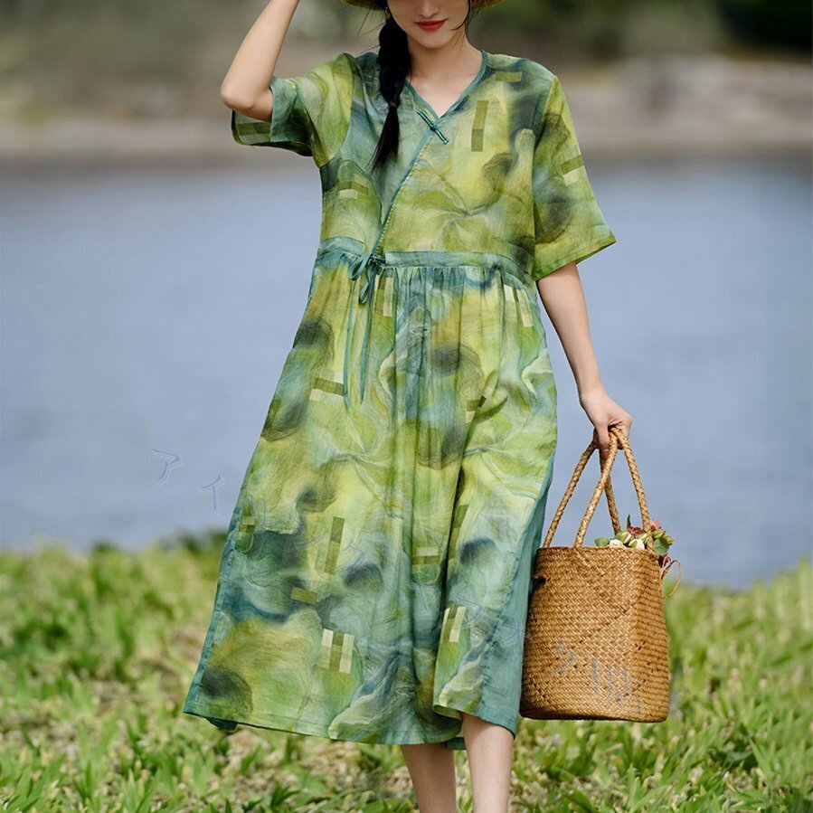 新品夏に向け麻ワンピース XL 100%ラミー 膝丈 裏地付き 五分袖 薄手 心地の良い 体型カバー ゆったり 30代 40代 通勤 グリーン拍卖