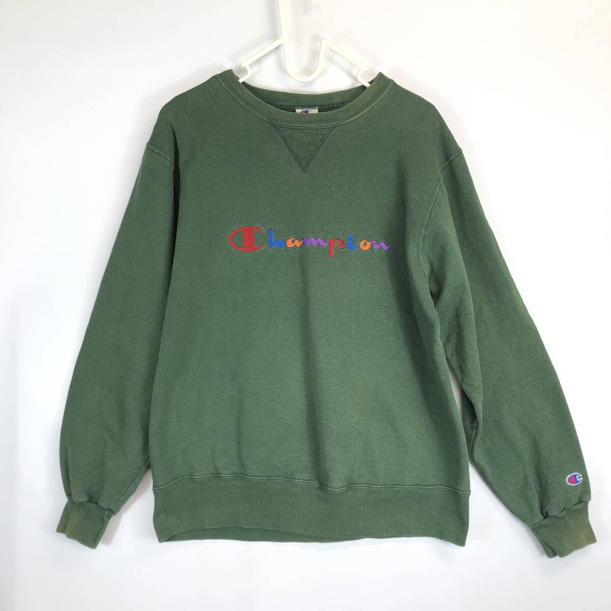 90s チャンピオン Champion 前Vスウェット グリーン系 Mサイズ カラフルロゴ コスタリカ製拍卖