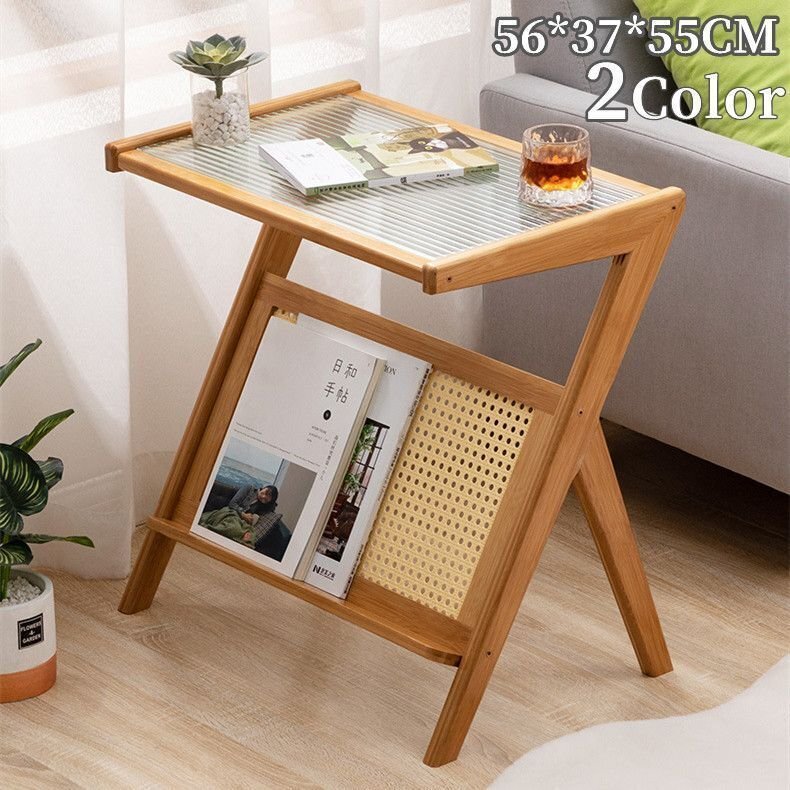 サイドテーブル 省スペース ナイトテーブル Z字型 おしゃれ 竹製 和風 ミニテーブル ソファサイドテーブル モダン ブラウン ガラス付き拍卖