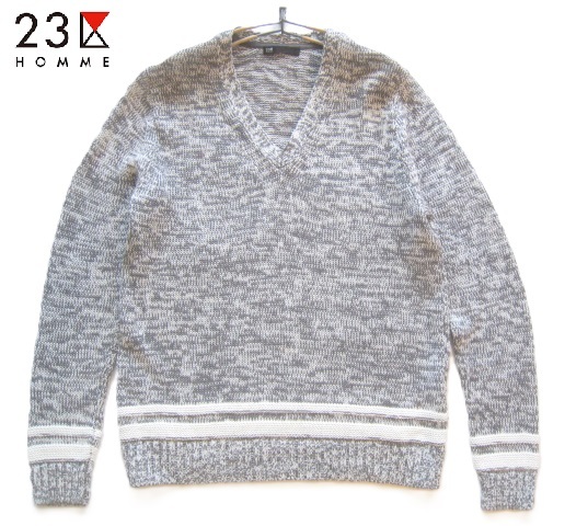 美品!!23区オム 23区HOMME*美シルエット Vネック ミックス織りコットンニットセーター 48 実寸M グレー×白 オンワード樫山拍卖