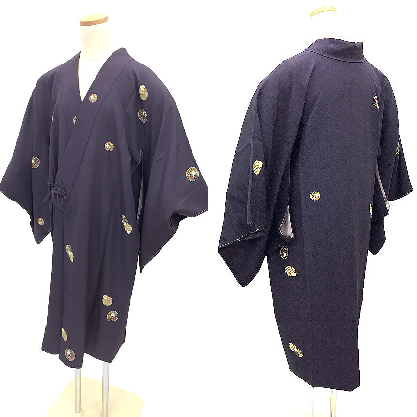 セール 京やM390 特選和装コート 正絹 道中着 ロング丈 紫 着物コート 丸紋 飛び柄小紋 四季の花 羽織 道行 塵除け 袷 未使用拍卖