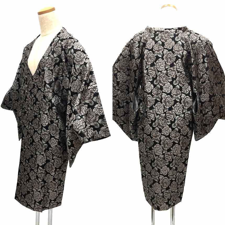 セール 京やM375 春秋冬用着物コート 正絹 道行コート 和装コート セミロング丈 ふくれ織 薔薇 ローズ 千代田衿 袷拍卖