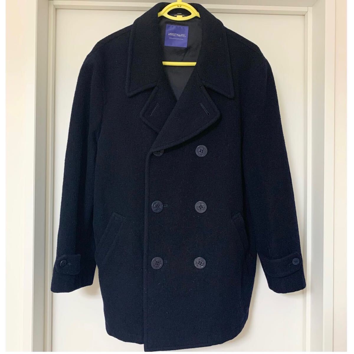 匿名配送 厚手ウールピーコート 紺色 男女兼用 varsitymate ダブルボタン ネイビー スクールコート Pコート 通学服 アウター メルトン生地拍卖