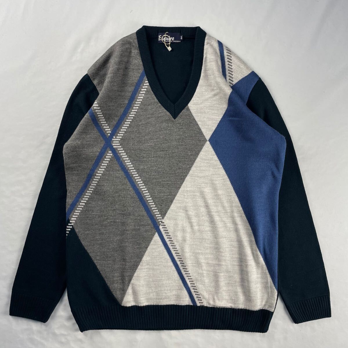 Euro Vintage Esquire アクリル100% ハイゲージ Vネック マルチカラー アーガイル ダイヤ チェック クラシカル デザインニット拍卖