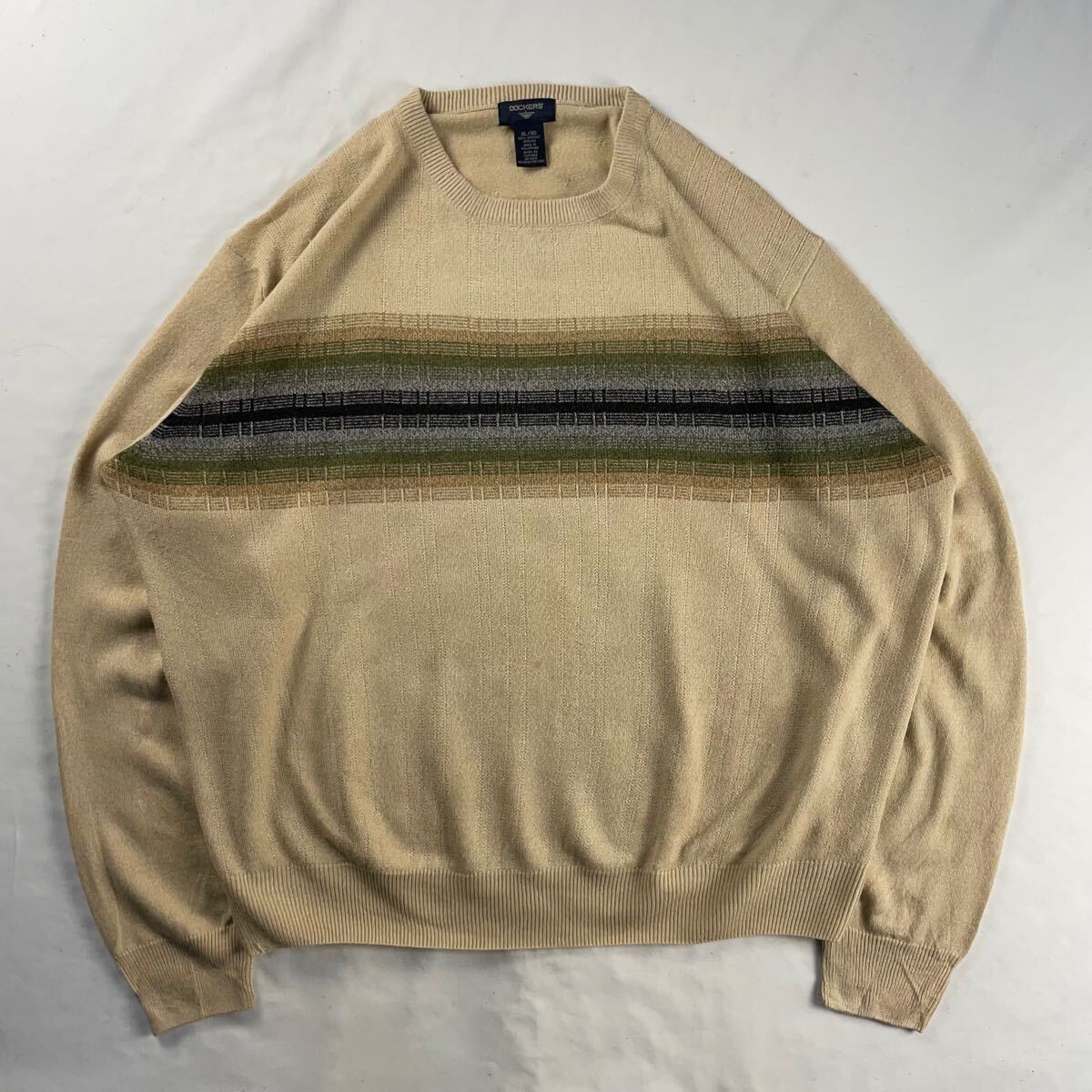 US Vintage 90s DOCKERS くすみカラー 暖色 立体 3D ボーダー ストライプ 薄手 総柄 デザインニット拍卖