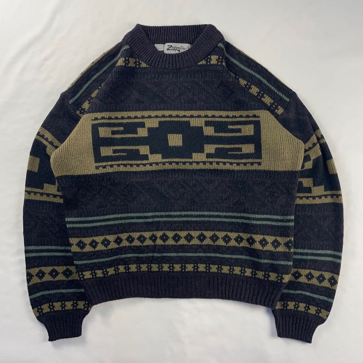 US Vintage 90s Zeppelin 好配色 くすみカラー エスニック 民族 ネイティブ フェアアイル 革タグ 幾何学模様 ボーダー 総柄 デザインニット拍卖