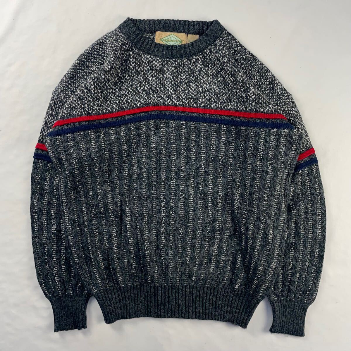 US Vintage 90s weekendo アクリル100% バーズアイ 立体 3D ボーダー メランジ 総柄 デザインニット拍卖