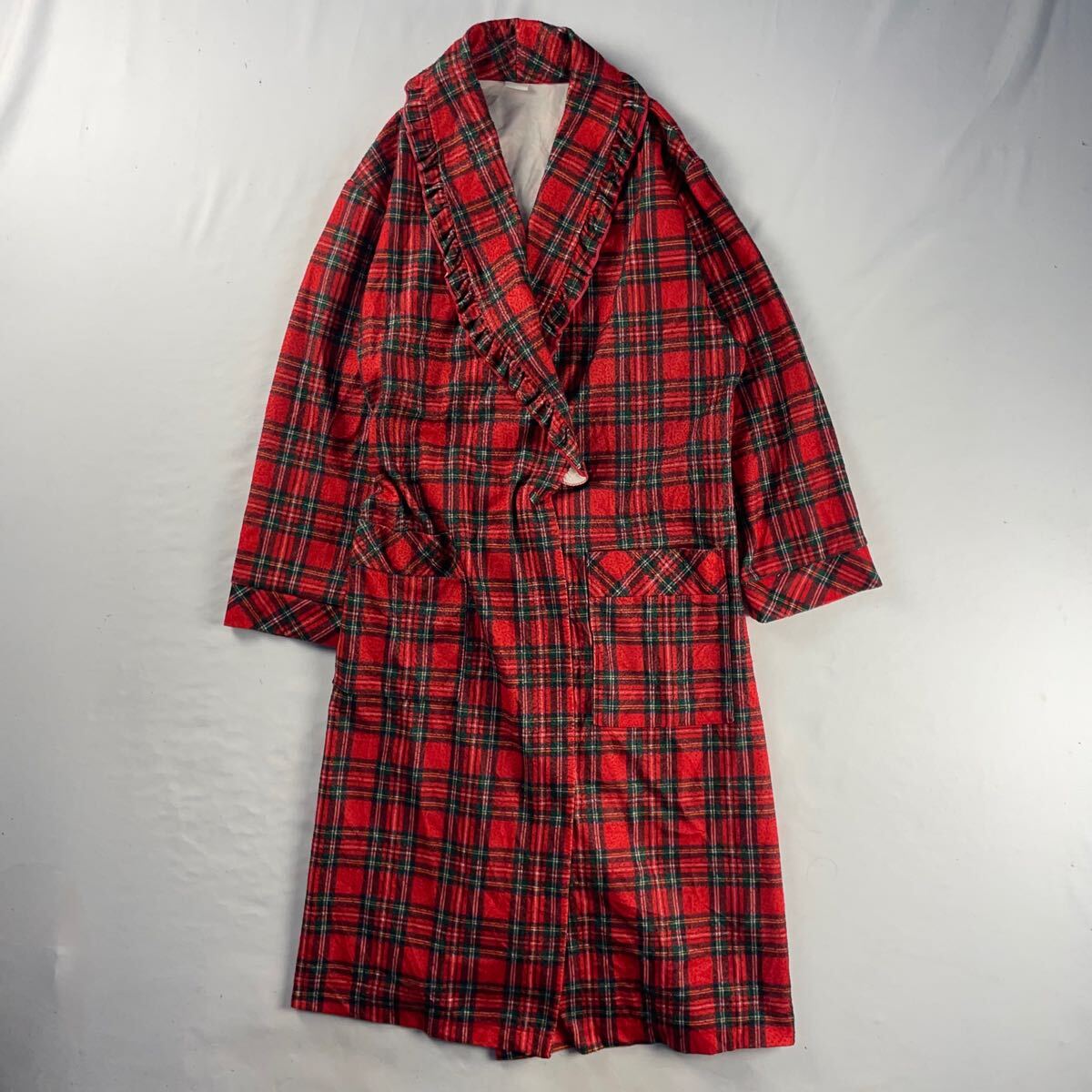 Vintage Unknown 好配色 ロイヤルタータンチェック 英国 イギリス フリル 総柄 ガウン コート拍卖